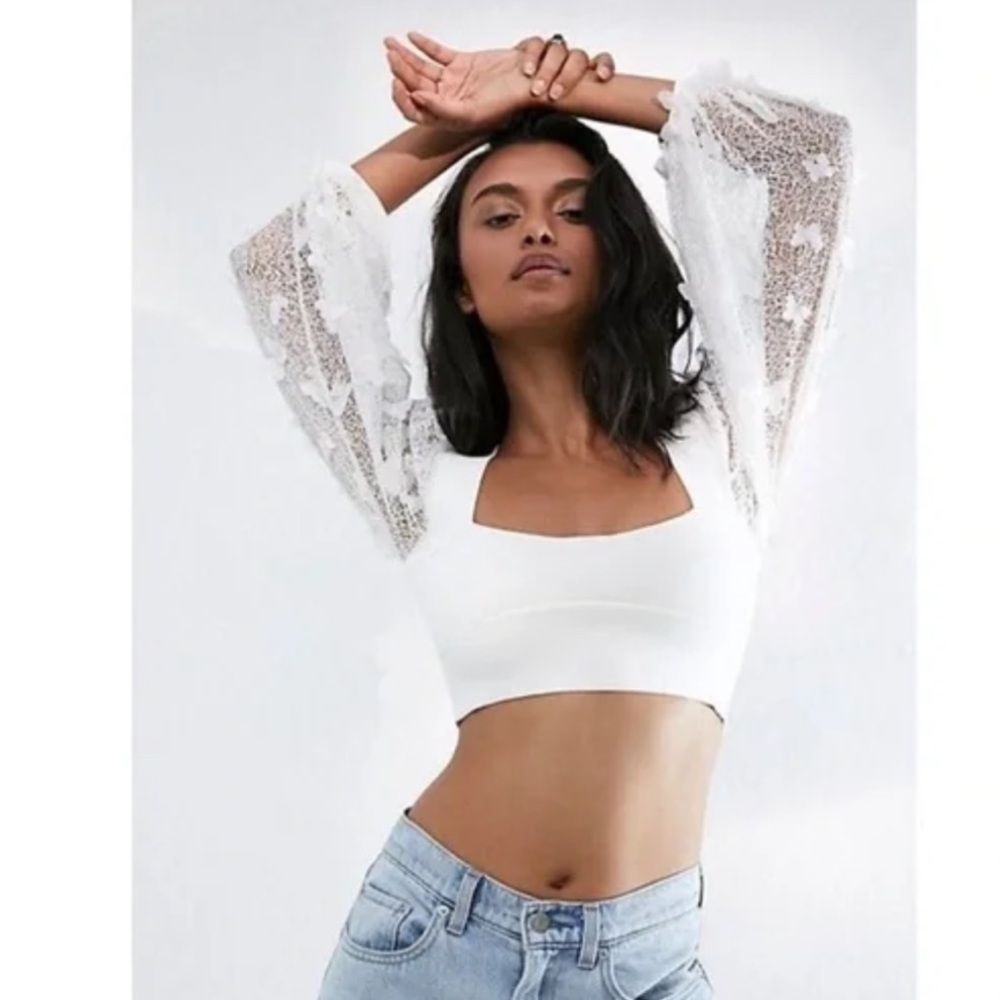 White Butterfly Lace Sleeve Crop Top Free People NWOT
